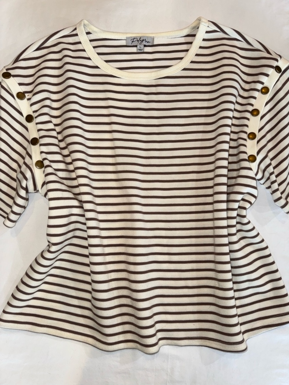 Polagram Cream and Brown Striped Button Short Sleeve Top L